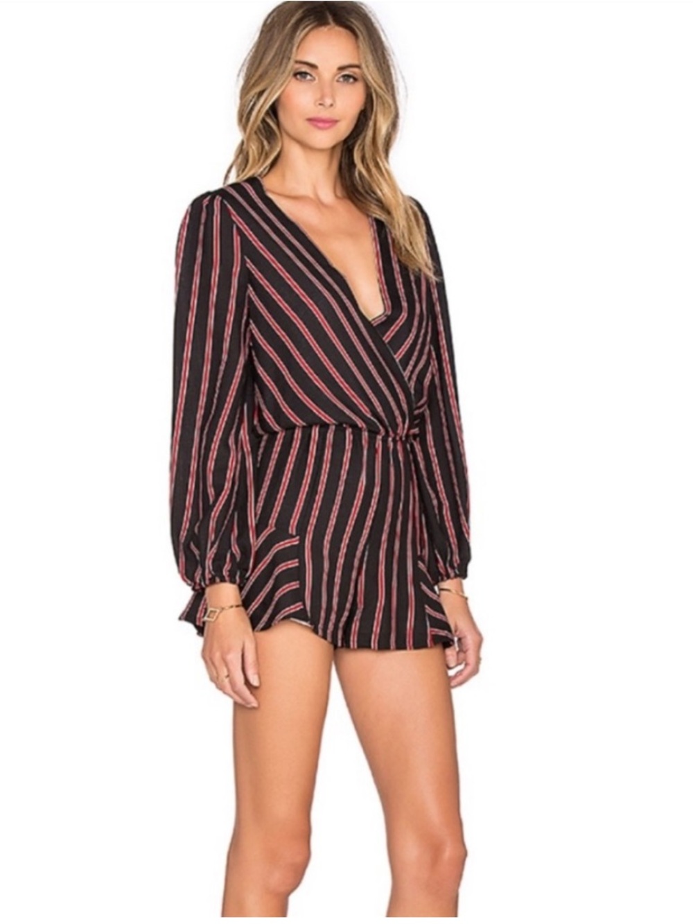 NEW Line &Dot ANNABELLE ROMPER Black &Cherry Stripe Deep Vneck LongSleeve Romper
